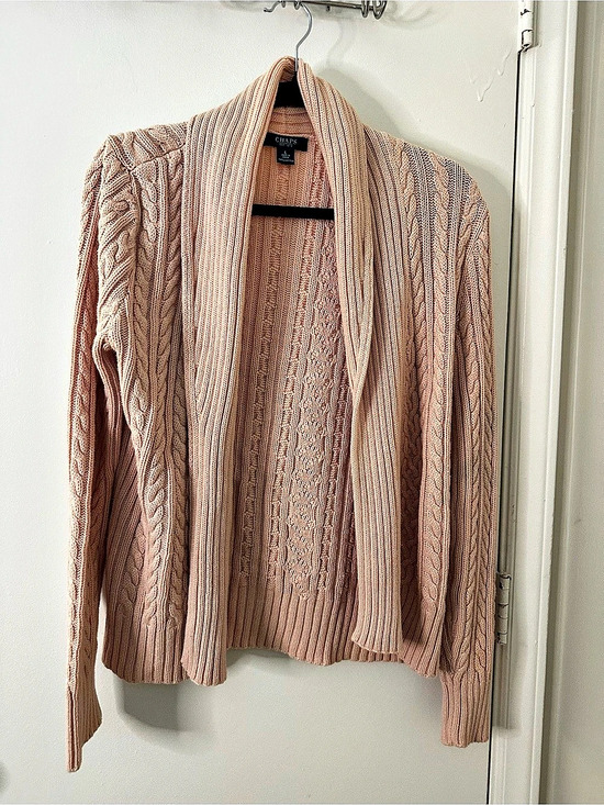 Chaps Sweaters - Chaps Cable Knit Cardigan in Pink Size Large
